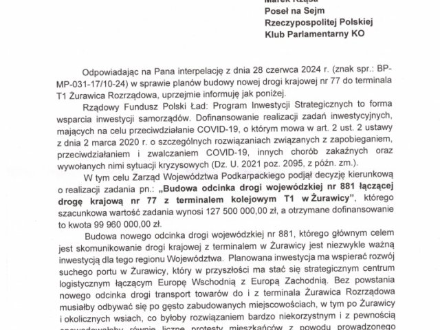 Interwencja w  sprawie planów budowy nowej drogi krajowej nr 77 do terminala T1 Żurawica Rozrządowa - 0001.jpg