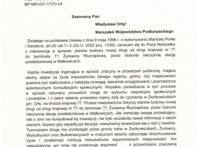 Skan interwencją w sprawie planów budowy nowej drogi od drogi krajowej nr 77 do terminala T1 Żurawica Rozrządowa, przez obecnie nieczynną stację przeładunkową w Małkowicach - 0001.jpg